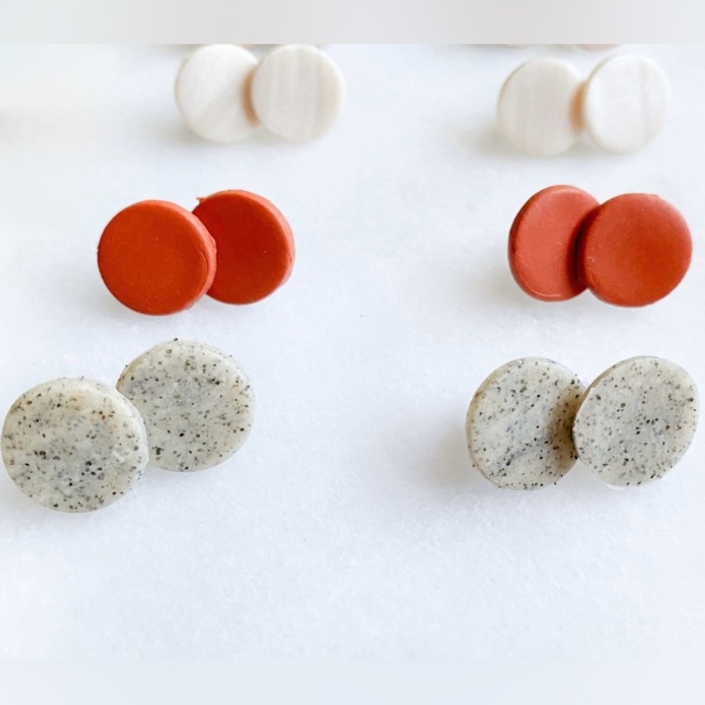 Handcrafted Polymer Clay Stud Earrings Set of 3 - Brick Red, Gray, and Tan